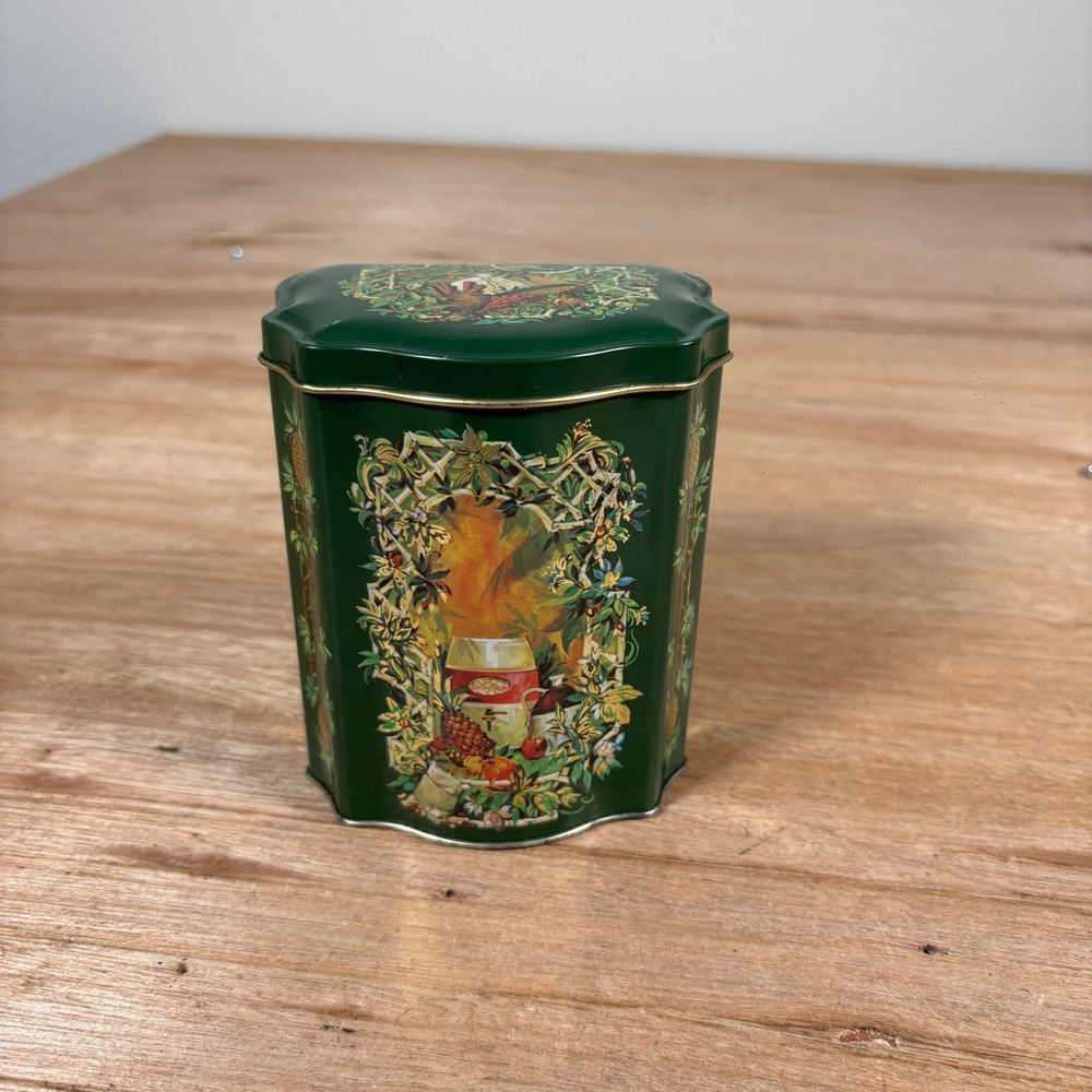 Vintage 1981 Avon Christmas Tin Canister Made in England Green Floral Scalloped